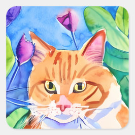 Cute Watercolor Orange Cat and Söt Flowers Fyrkantigt Klistermärke