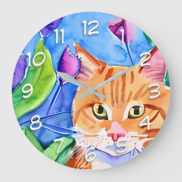 Cute Watercolor Orange Cat Stor Klocka