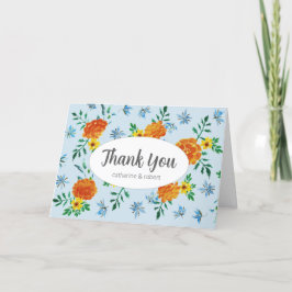 Cute Watercolor Orange Marigold Flowers Light Blue Tack Kort