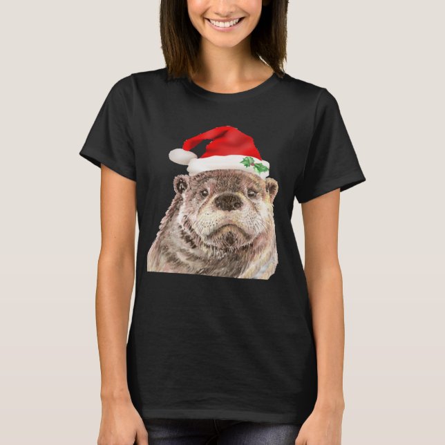 Cute Watercolor Otter i jultomten Tee Shirt (Framsida)