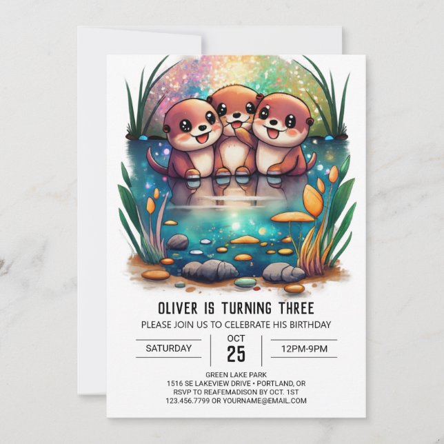 Cute Watercolor Otter Magic Birthday-inbjudan Inbjudningar (Framsida)