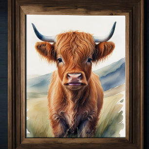 Cute Watercolor Painting of a Highland Cow 5:4 Poster