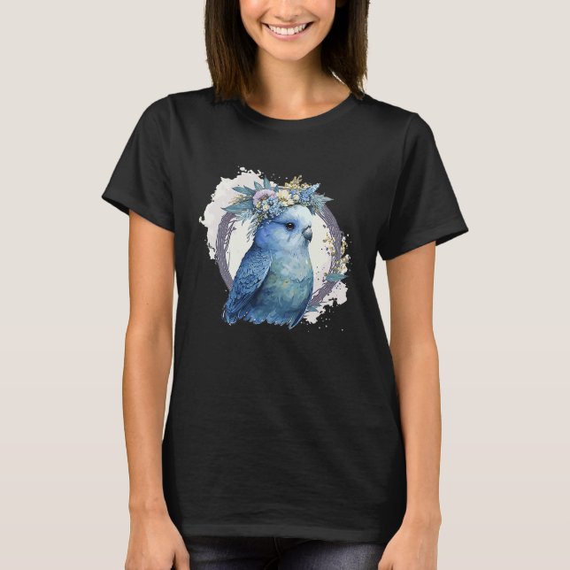 Cute Watercolor Parakeet Budgie Bird Flower Crown  T Shirt (Framsida)