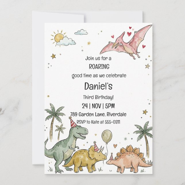 Cute Watercolor Pastel Dinosaur Third Birthday Inbjudningar (Framsida)