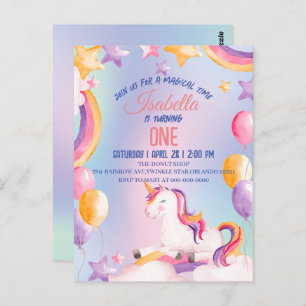 Cute Watercolor pastel Unicorns Rainbow Birthday Vykort