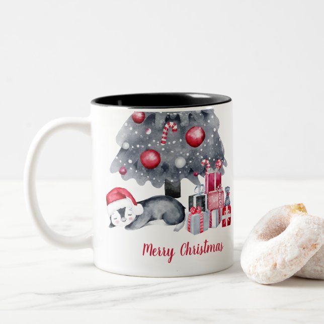 Cute Watercolor Penguin 2 Tone jul Mugg (Med munk)