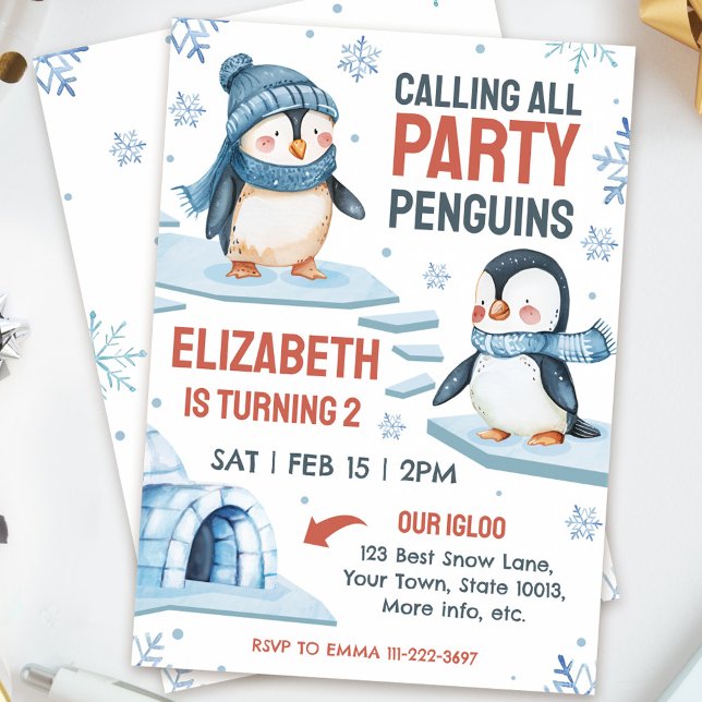 Cute Watercolor Penguin Birthday-inbjudan Inbjudningar (Skapare uppladdad)