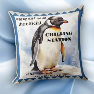 Cute Watercolor Penguin Chilling Station Kudde