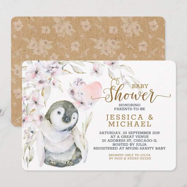 Cute Watercolor Penguin Gender Neutral Baby Shower Inbjudningar (Fram/baksida)