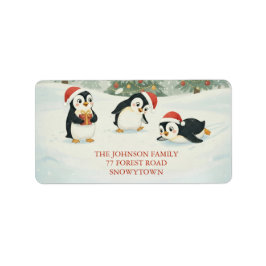 Cute Watercolor Penguins Christmas Forest Adressetikett