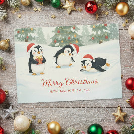 Cute Watercolor Penguins Christmas Forest Julkort