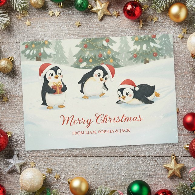Cute Watercolor Penguins Christmas Forest Julkort (Skapare uppladdad)