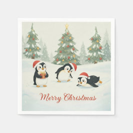 Cute Watercolor Penguins Christmas Forest Pappersservett