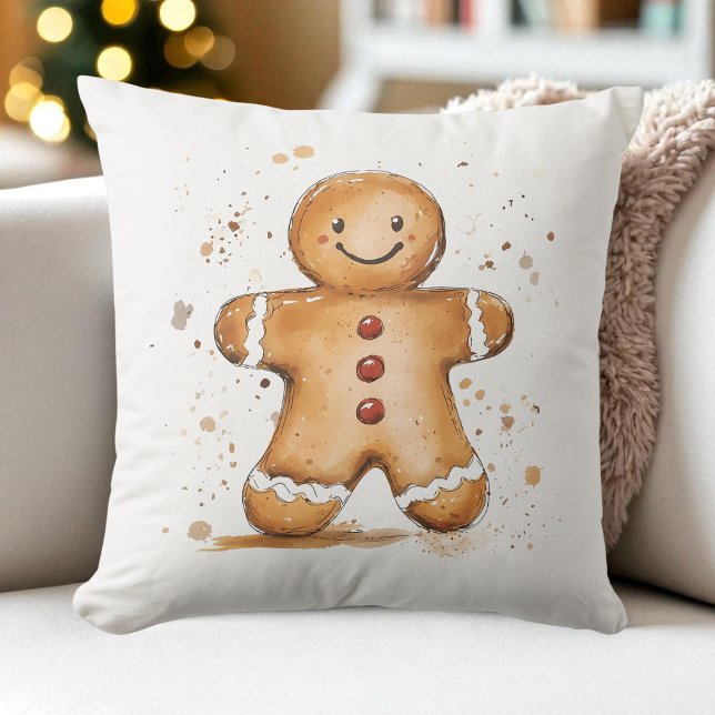 Cute Watercolor Pepparkaksgubbe Farmhouse Helgdag Kudde (Cute Watercolor Gingerbread Man Farmhouse Holiday Throw Pillow)
