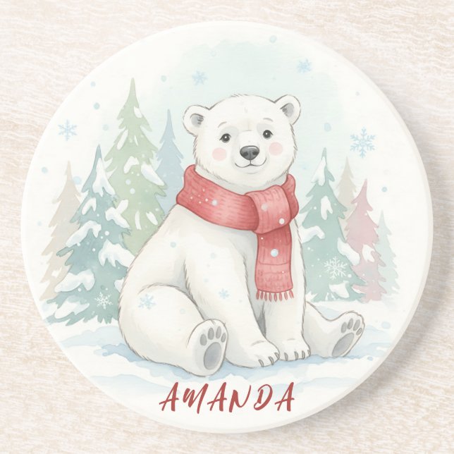 Cute watercolor Polar Bear Winter  Underlägg (Framsidan)