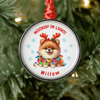 Cute Watercolor Pommern Festive Snöflingor Hund Julgransprydnad Metall