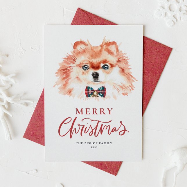 Cute Watercolor Pommern Hund God jul Julkort (Skapare uppladdad)