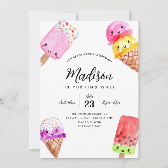 Cute Watercolor Popsicle Cone Ice Cream Birthday Inbjudningar (Framsida)