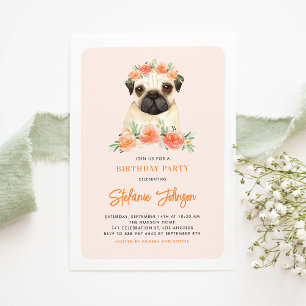 Cute Watercolor Pug Peach Blommigt Barns födelseda Inbjudningar