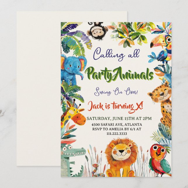 Cute Watercolor Quirky Safari Animals Birthday Inbjudningar (Fram/baksida)