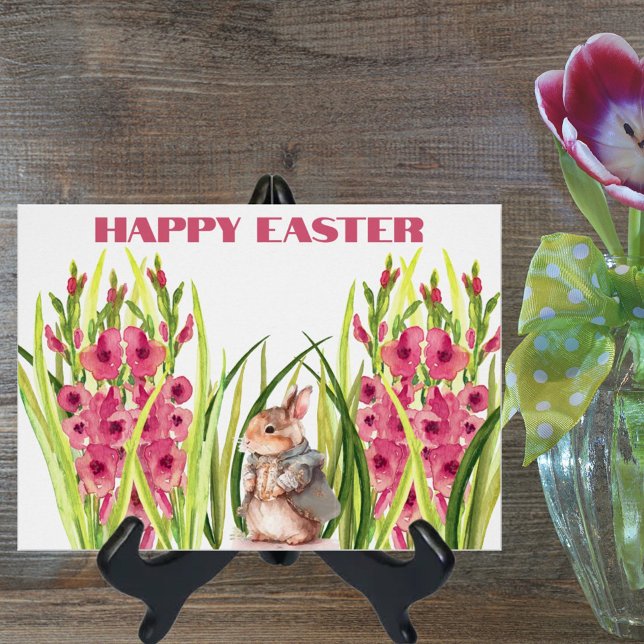 Cute Watercolor Rabbit between Gladiolus Flowers Hälsningskort (Skapare uppladdad)