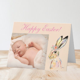 Cute Watercolor Rabbit Bunny Bild Påsk Blommigt Tack Kort