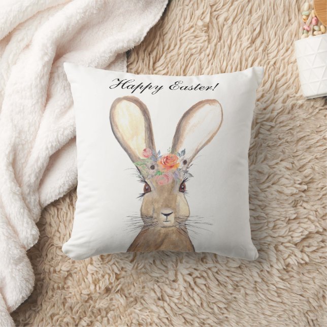 Cute Watercolor Rabbit Bunny Hare Påsk Blommigt Kudde (Filt)