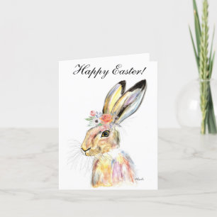 Cute Watercolor Rabbit Bunny Hare Påsk Blommigt Tack Kort
