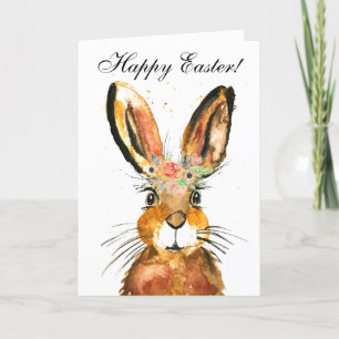 Cute Watercolor Rabbit Bunny Hare Påsk Blommigt Tack Kort