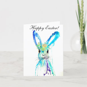 Cute Watercolor Rabbit Bunny Hare Påsk Blommigt Tack Kort