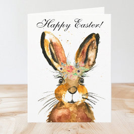 Cute Watercolor Rabbit Bunny Hare Påsk Blommigt Tack Kort
