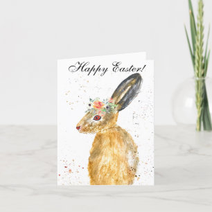 Cute Watercolor Rabbit Bunny Hare Påsk Blommigt Tack Kort