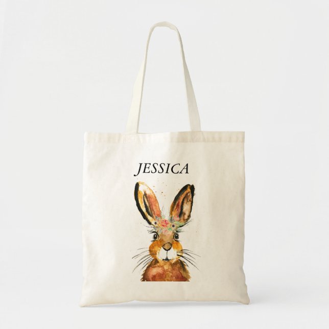 Cute Watercolor Rabbit Bunny Hare Påsk Blommigt Tygkasse (Framsidan)