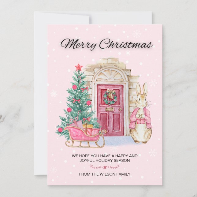 Cute Watercolor Rabbit God jul Träd Julkort (Framsida)