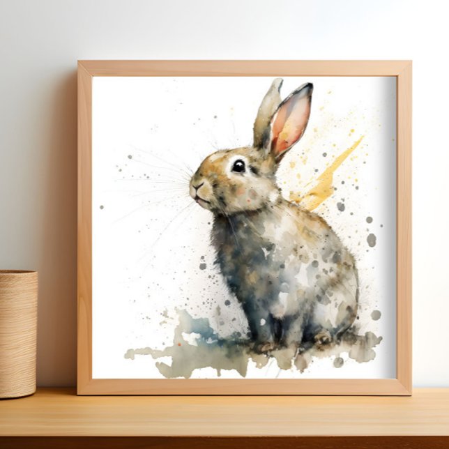 Cute Watercolor Rabbit Poster (A watercolor painting of a rabbit is shown in a light wood frame.)