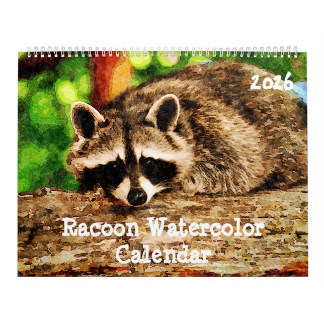 Cute Watercolor Raccoon Wildlife Painting Art Cale Kalender (Omslag)