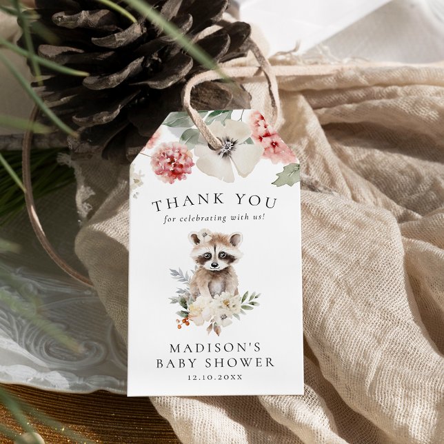 Cute Watercolor Raccoon Winter Baby Shower Presentetikett (Skapare uppladdad)