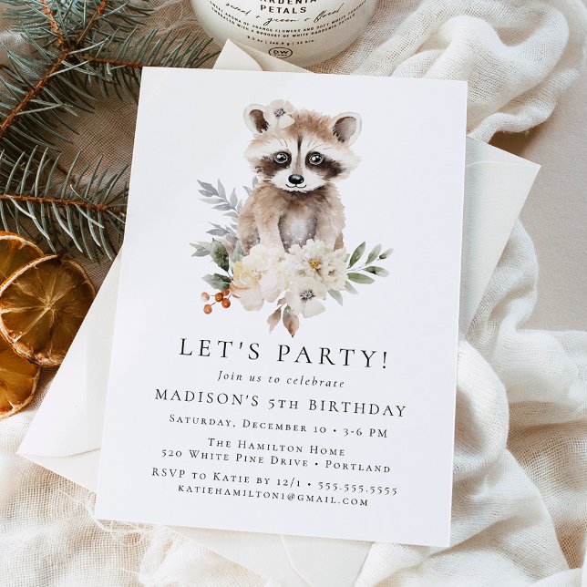 Cute Watercolor Raccoon Winter Födelsedagsfest Inbjudningar (Skapare uppladdad)