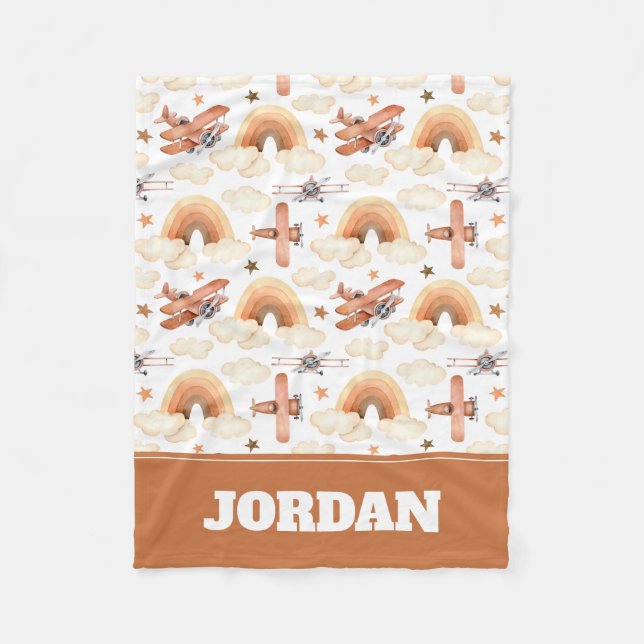 Cute Watercolor Rainbow Airplan Mönster Fleecefilt (Framsidan)