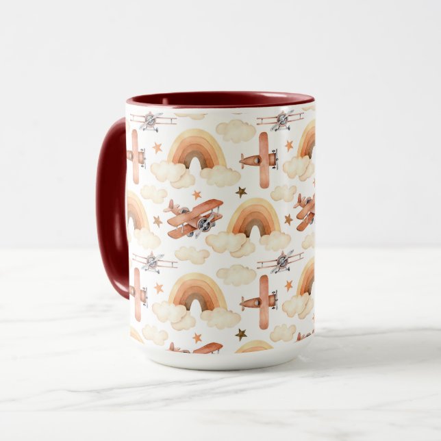 Cute Watercolor Rainbow Airplan Mönster Mugg (Framsida vänster)