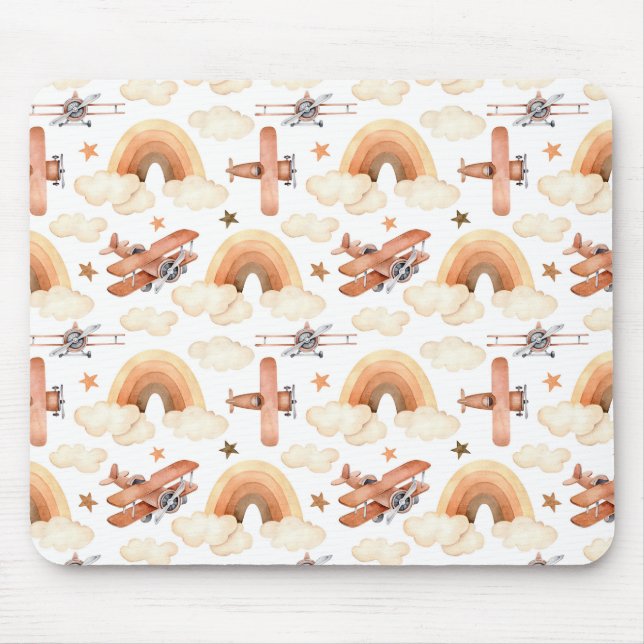 Cute Watercolor Rainbow Airplan Mönster Musmatta (Framsidan)