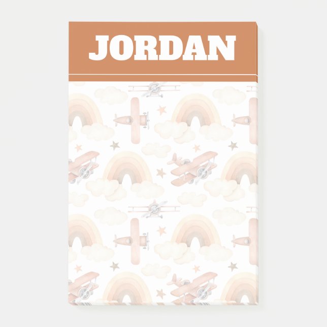 Cute Watercolor Rainbow Airplan Mönster Post-it Block (Framsida)