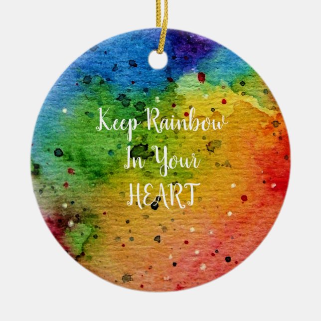 Cute Watercolor Rainbow Heart Julgransprydnad Keramik (Framsidan)