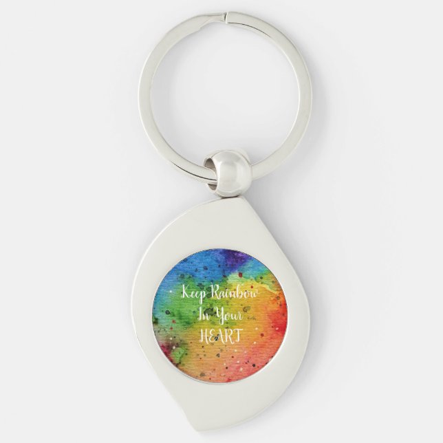 Cute Watercolor Rainbow Heart Swirl Silverfärgad Nyckelring (Framsidan)