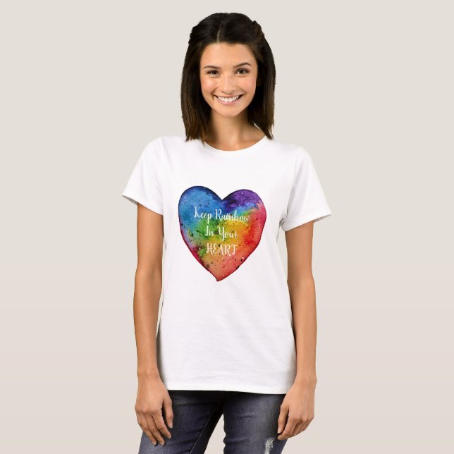 Cute Watercolor Rainbow Heart Tee Shirt (Hel framsida)