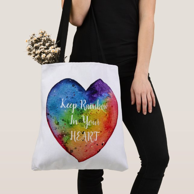 Cute Watercolor Rainbow Heart Tygkasse (Närbild)