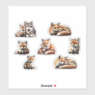 Cute Watercolor Red Fox Mother and Cub Sticker She Klistermärken