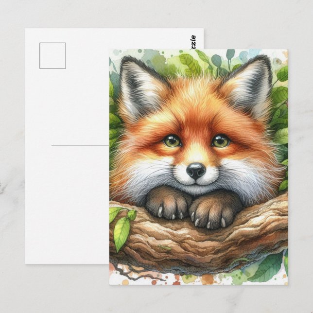Cute Watercolor Red Fox Vykort (Fram/baksida)