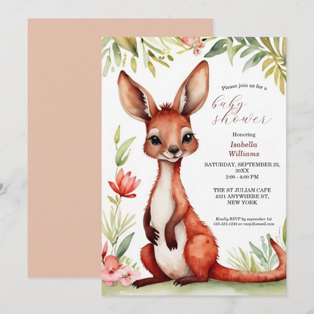 Cute Watercolor Red Kangaroo Baby Shower Inbjudningar (Fram/baksida)