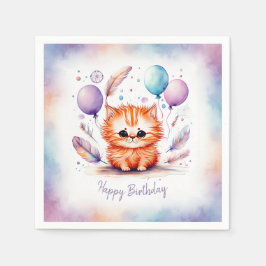 Cute Watercolor Red Kitten Balloons Birthday  Pappersservett